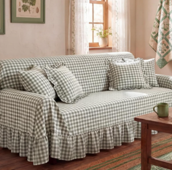 Cottage-Style Plaid Cotton 3-Seater Sofa Cover With Ruffles